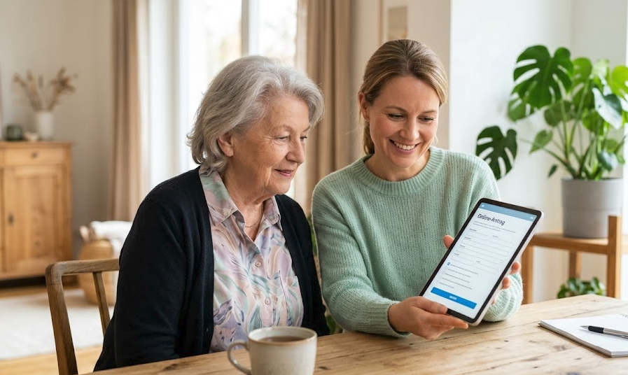 Pflegeberaterin erklärt einer Seniorin am Tablet den Antrag für Pflegehilfsmittel