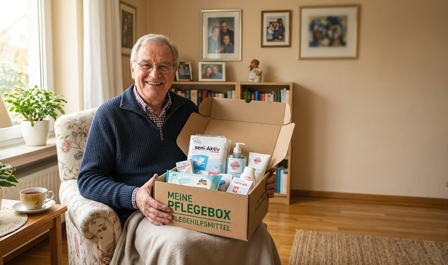 Senior mit Pflegebox und Pflegehilfsmitteln im häuslichen Umfeld