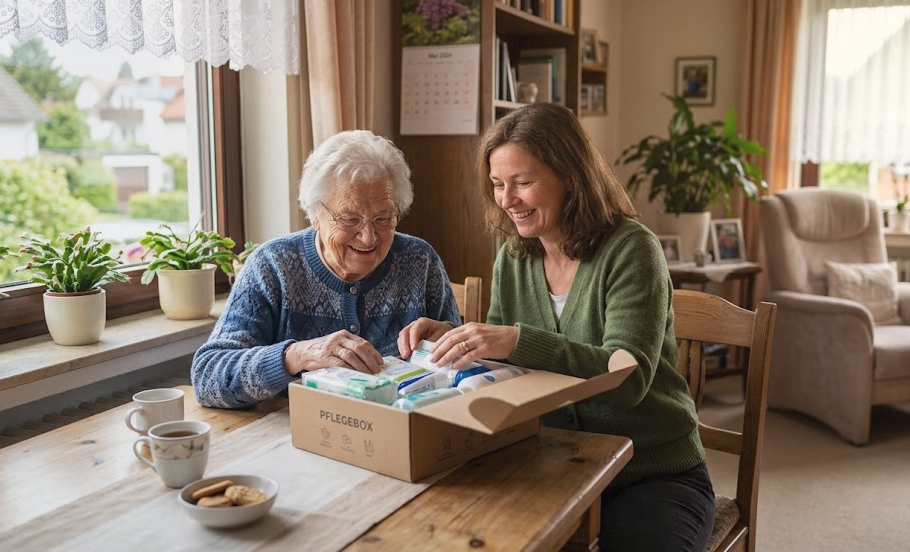 Zwei Frauen öffnen gemeinsam eine Pflegebox am Tisch