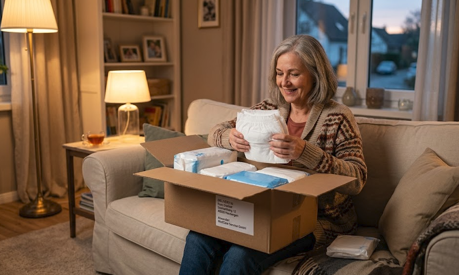 Seniorin packt zu Hause Pflegeprodukte aus einem Paket aus